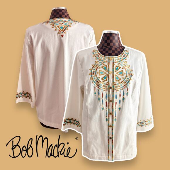 Bob Mackie Aztec Jacket Womens Large White Embroidered Blouse Southwestern Boho
